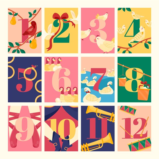Dibujado a mano plano 12 días de navidad ilustración