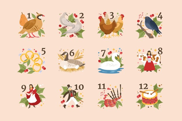 Dibujado a mano plano 12 días de navidad ilustración