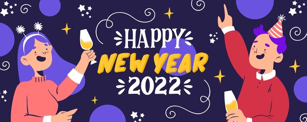 Dibujado a mano plano feliz año nuevo 2022 banner horizontal