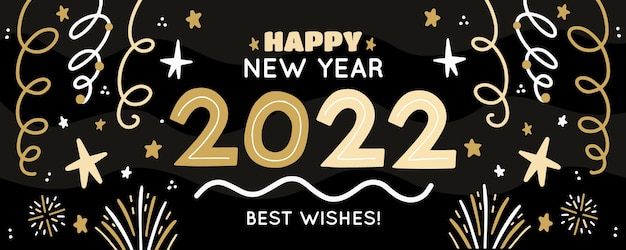 Vector gratuito dibujado a mano plano feliz año nuevo 2022 banner horizontal