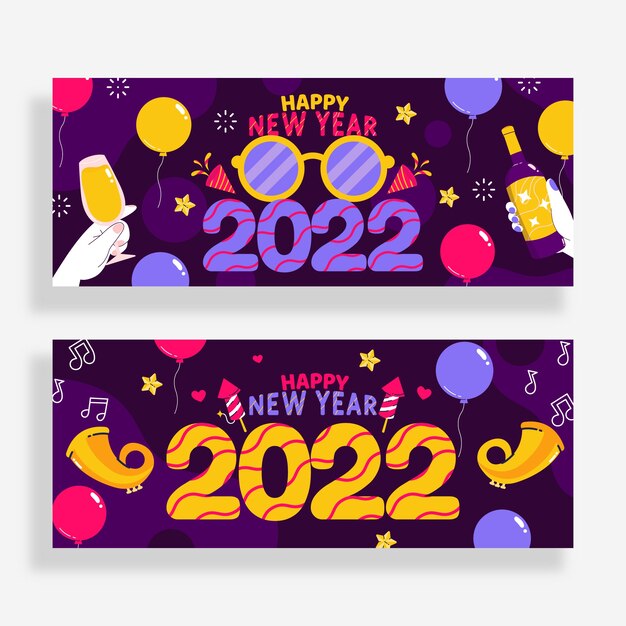 Dibujado a mano plano feliz año nuevo 2022 banner horizontal