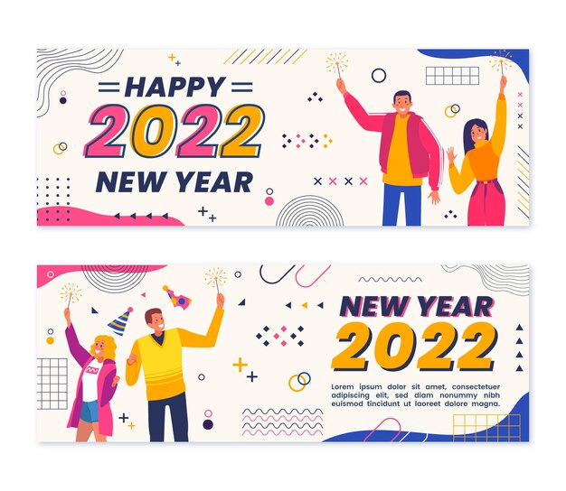 Dibujado a mano plano feliz año nuevo 2022 conjunto de banners horizontales
