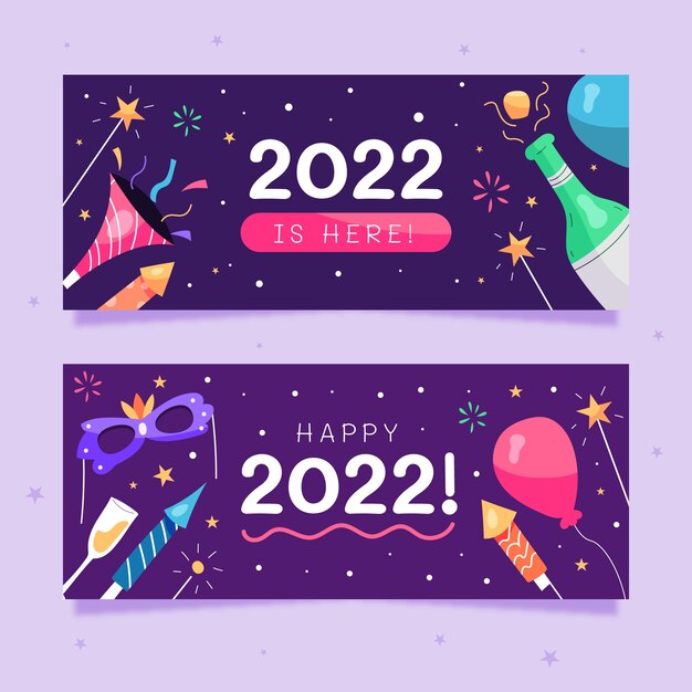 Dibujado a mano plano feliz año nuevo 2022 conjunto de banners horizontales