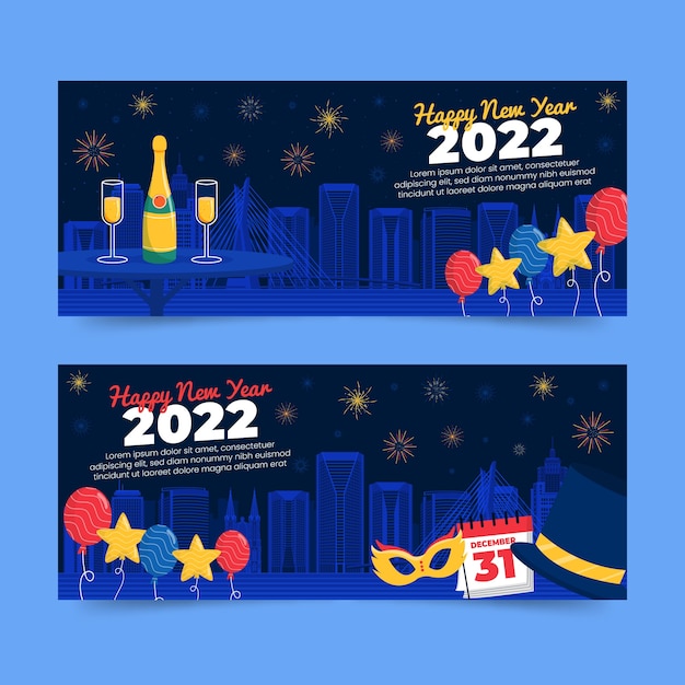 Dibujado a mano plano feliz año nuevo 2022 conjunto de banners horizontales