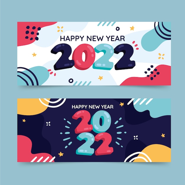 Vector gratuito dibujado a mano plano feliz año nuevo 2022 conjunto de banners horizontales