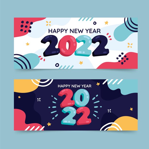 Dibujado a mano plano feliz año nuevo 2022 conjunto de banners horizontales