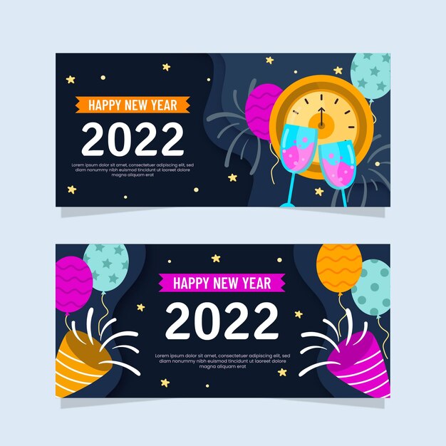 Vector gratuito dibujado a mano plano feliz año nuevo 2022 conjunto de banners horizontales