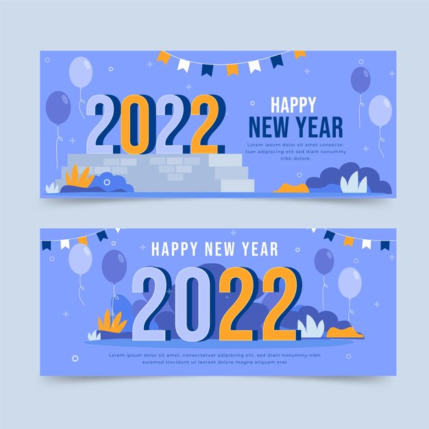 Dibujado a mano plano feliz año nuevo 2022 conjunto de banners horizontales