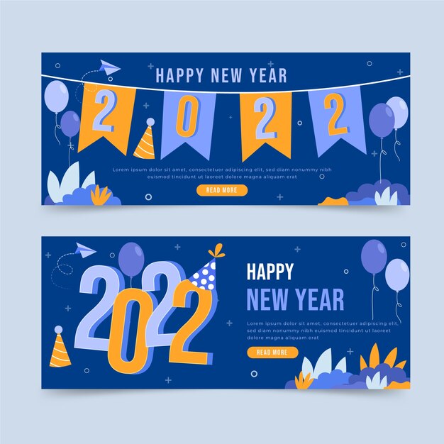 Dibujado a mano plano feliz año nuevo 2022 conjunto de banners horizontales