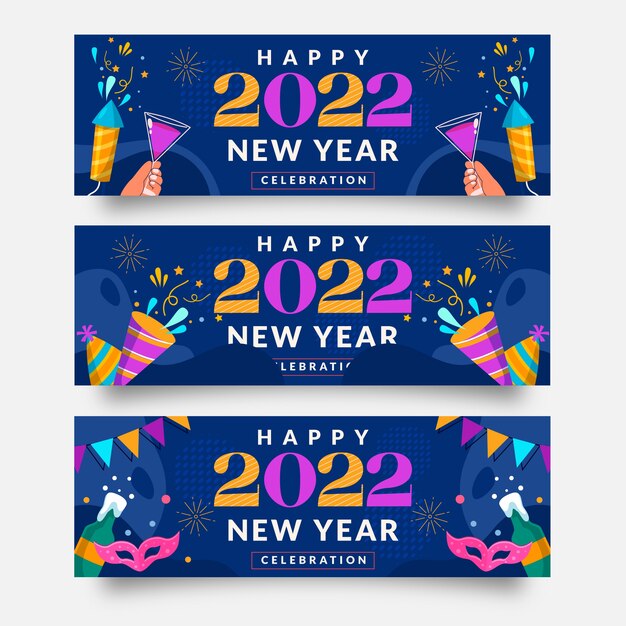 Dibujado a mano plano feliz año nuevo 2022 conjunto de banners horizontales