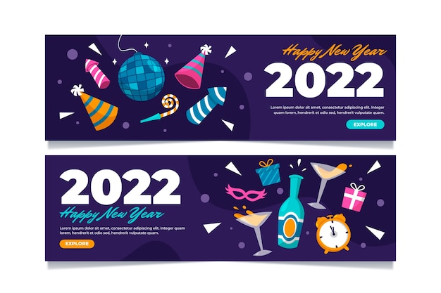 Vector gratuito dibujado a mano plano feliz año nuevo 2022 conjunto de banners horizontales