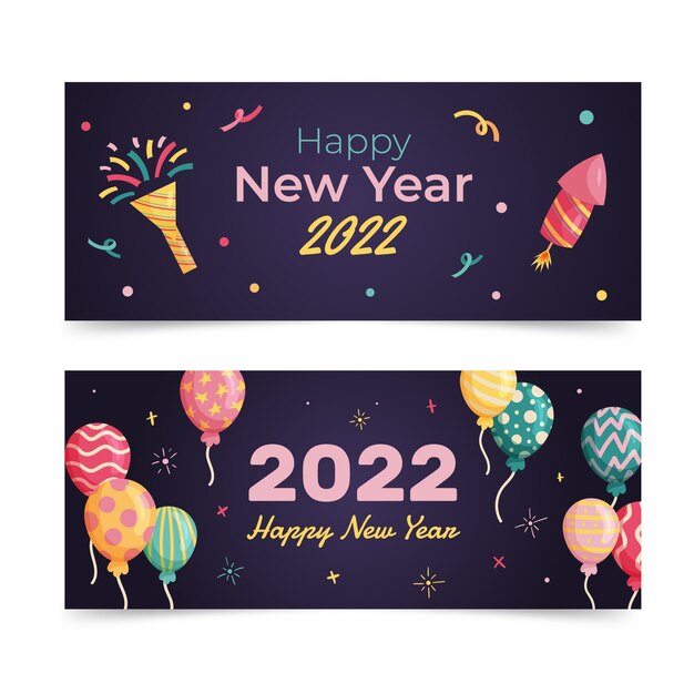 Dibujado a mano plano feliz año nuevo 2022 conjunto de banners horizontales
