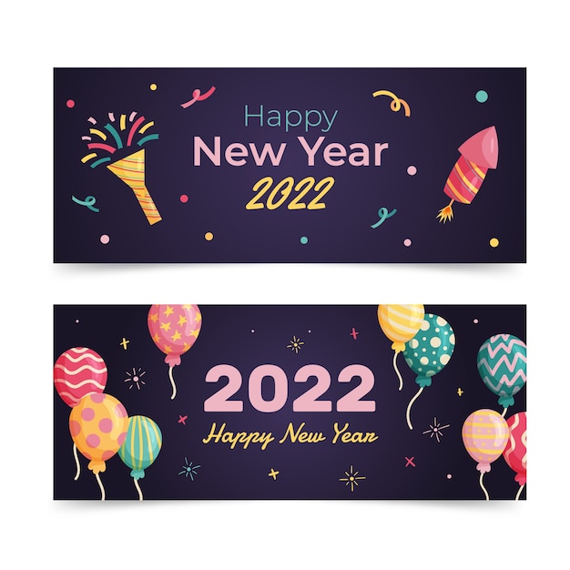 Dibujado a mano plano feliz año nuevo 2022 conjunto de banners horizontales