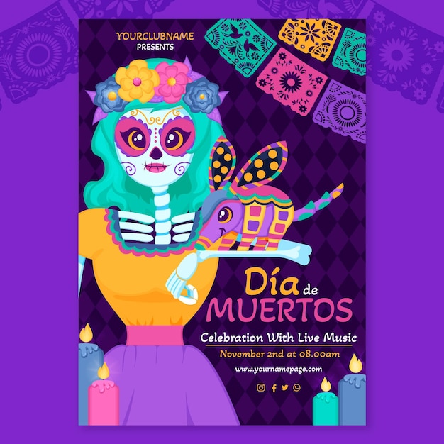 Dibujado a mano plantilla de cartel vertical plano dia de muertos