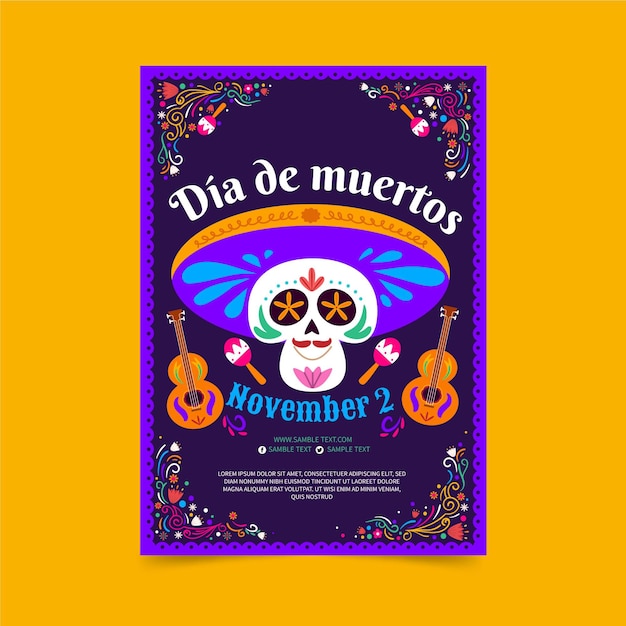 Vector gratuito dibujado a mano plantilla de cartel vertical plano dia de muertos