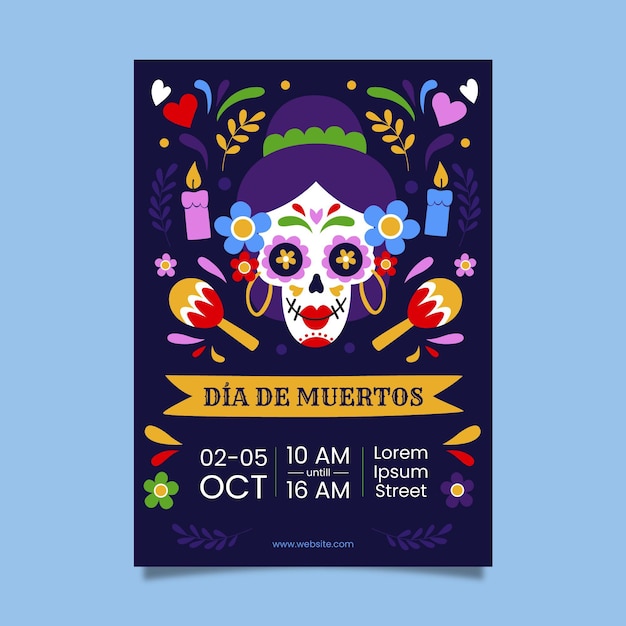 Vector gratuito dibujado a mano plantilla de cartel vertical plano dia de muertos