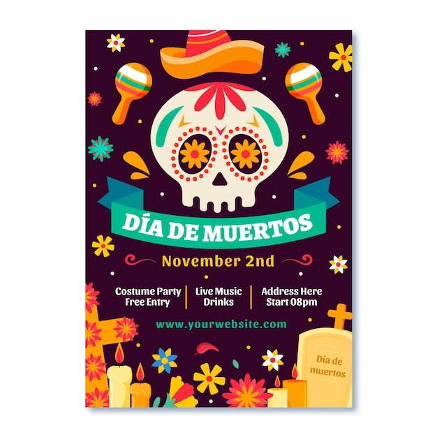 Vector gratuito dibujado a mano plantilla de cartel vertical plano dia de muertos