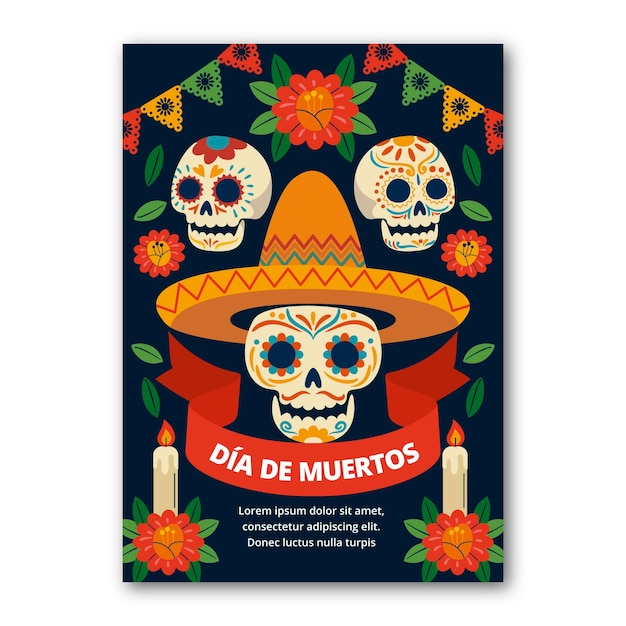 Dibujado a mano plantilla de cartel vertical plano dia de muertos