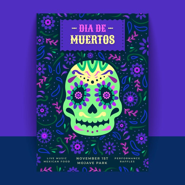 Dibujado a mano plantilla de cartel vertical plano dia de muertos