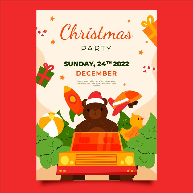 Dibujado a mano plantilla de cartel vertical de unidad de juguetes de navidad plana