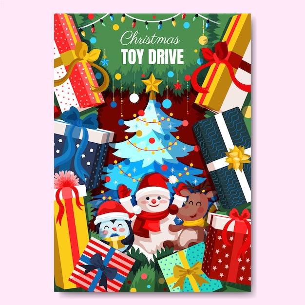 Dibujado a mano plantilla de cartel vertical de unidad de juguetes de navidad plana