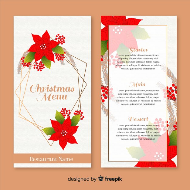 Dibujado a mano plantilla de menú de navidad con flores