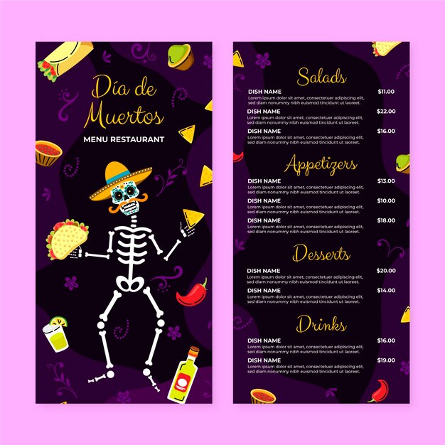 Dibujado a mano plantilla de menú plano dia de muertos