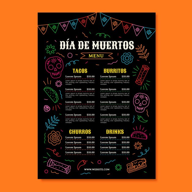 Dibujado a mano plantilla de menú plano dia de muertos