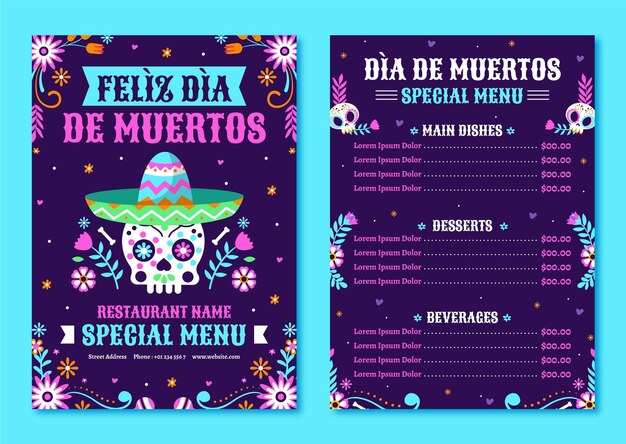 Dibujado a mano plantilla de menú plano dia de muertos