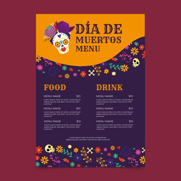 Dibujado a mano plantilla de menú vertical plano dia de muertos