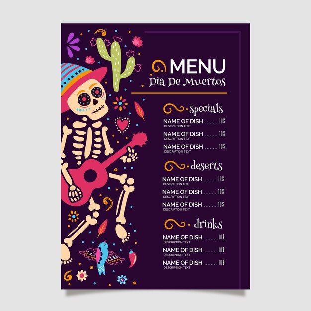 Dibujado a mano plantilla de menú vertical plano dia de muertos