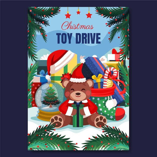 Dibujado a mano plantilla de póster de campaña de juguetes de navidad plana