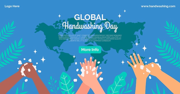 Dibujado a mano plantilla de publicación de redes sociales del día global del lavado de manos plano