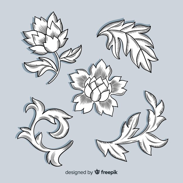 Dibujado a mano realista vintage flores barrocas sobre fondo azul.