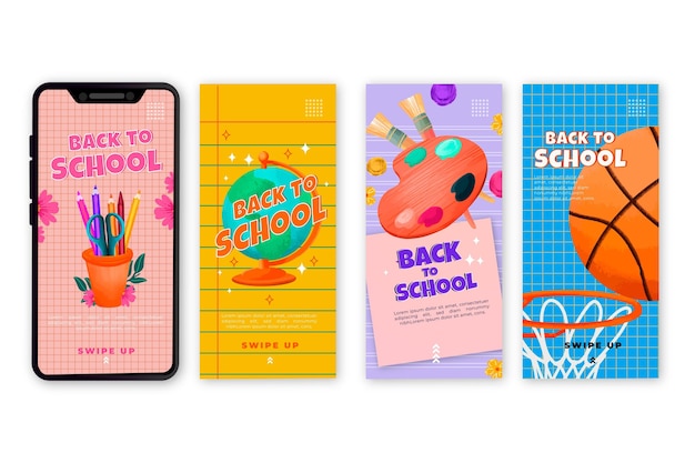 Dibujado a mano de regreso a la escuela colección de historias de instagram