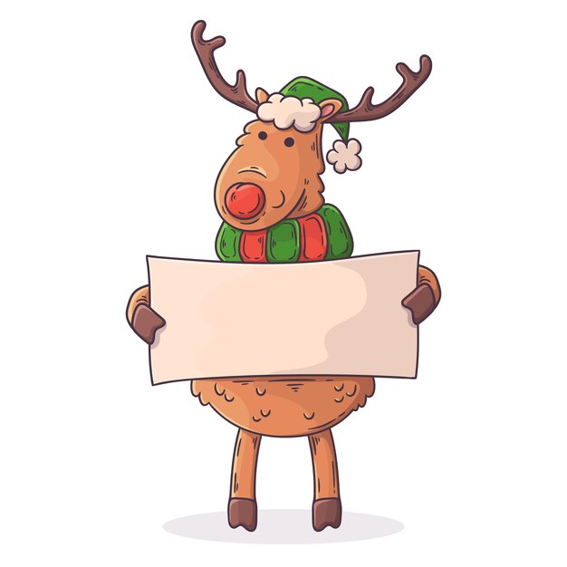 Dibujado a mano renos de Navidad personaje sosteniendo pancarta en blanco