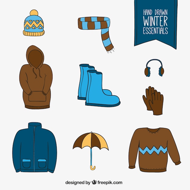 Dibujado a mano ropa de invierno Conjunto