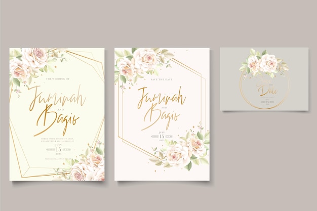 Vector gratuito dibujado a mano rosas florales conjunto de tarjetas de invitación de boda