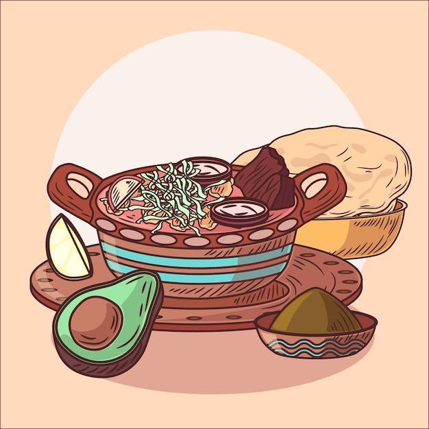 Dibujado a mano sabroso pozole ilustración