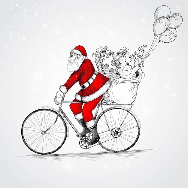 Vector gratuito dibujado a mano santa claus en bicicleta entregando regalos de navidad boceto