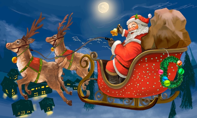 Dibujado a mano Santa Claus montando un trineo entregando regalos