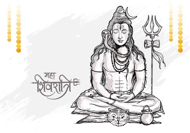 Dibujado a mano por el señor Shiva dibujo de la tarjeta Maha Shivratri fondo