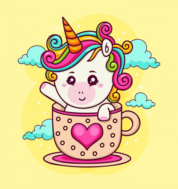 Dibujado a mano unicornio en una taza de amor en el cielo