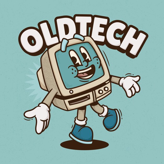 Dibujado a mano de vector de dibujos animados retro de moda de computadora retro