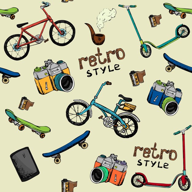 dibujado a mano vector retro técnica patrón de fondo sin fisuras: cámara, bicicleta, patín, película