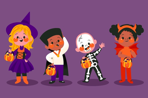 Vector gratuito dibujado niños de halloween en conjunto de disfraces