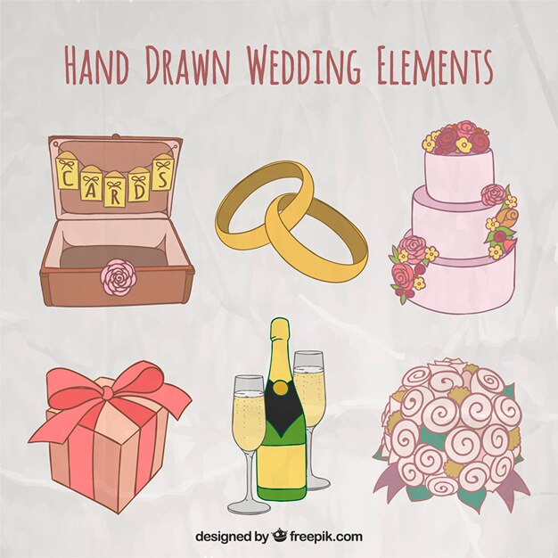 dibujados a mano elementos de la boda en colores