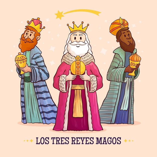 Dibujados a mano tres reyes magos.