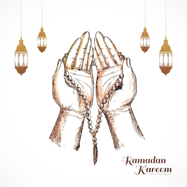 Dibujar a mano boceto manos de hombre musulmán rezando sosteniendo rosario diseño de tarjeta de ramadán kareem
