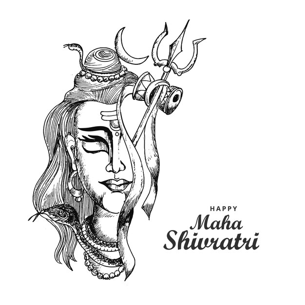 Dibujar a mano el bosquejo del señor shiva hindú para el diseño de la tarjeta del dios indio maha shivratri